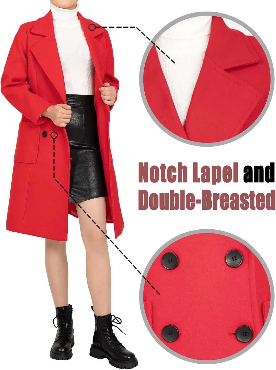Bonnorth women's Notch Lapel Double Breasted Wool Blend Peacoat Mid-Long Fall Winter Essential Trench Coat