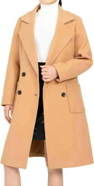 Bonnorth women's Notch Lapel Double Breasted Wool Blend Peacoat Mid-Long Fall Winter Essential Trench Coat