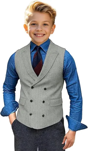 Boy's Herringbone Tweed Suit Double Breasted Slim Fit Vest Wool Blend Prom Waistcoat Wedding