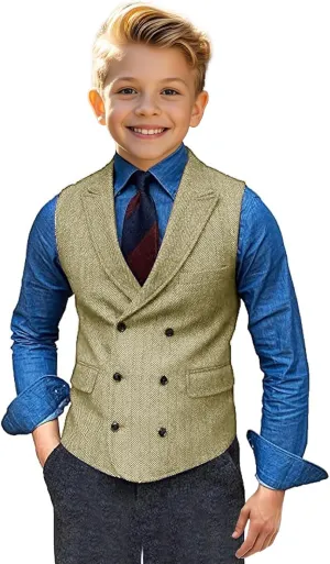 Boy's Herringbone Tweed Suit Double Breasted Slim Fit Vest Wool Blend Prom Waistcoat Wedding