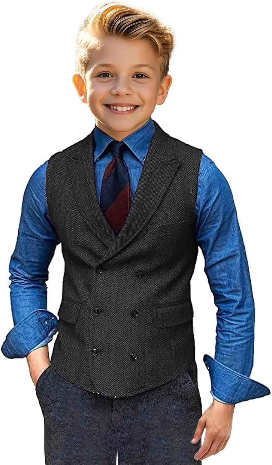 Boy's Herringbone Tweed Suit Double Breasted Slim Fit Vest Wool Blend Prom Waistcoat Wedding