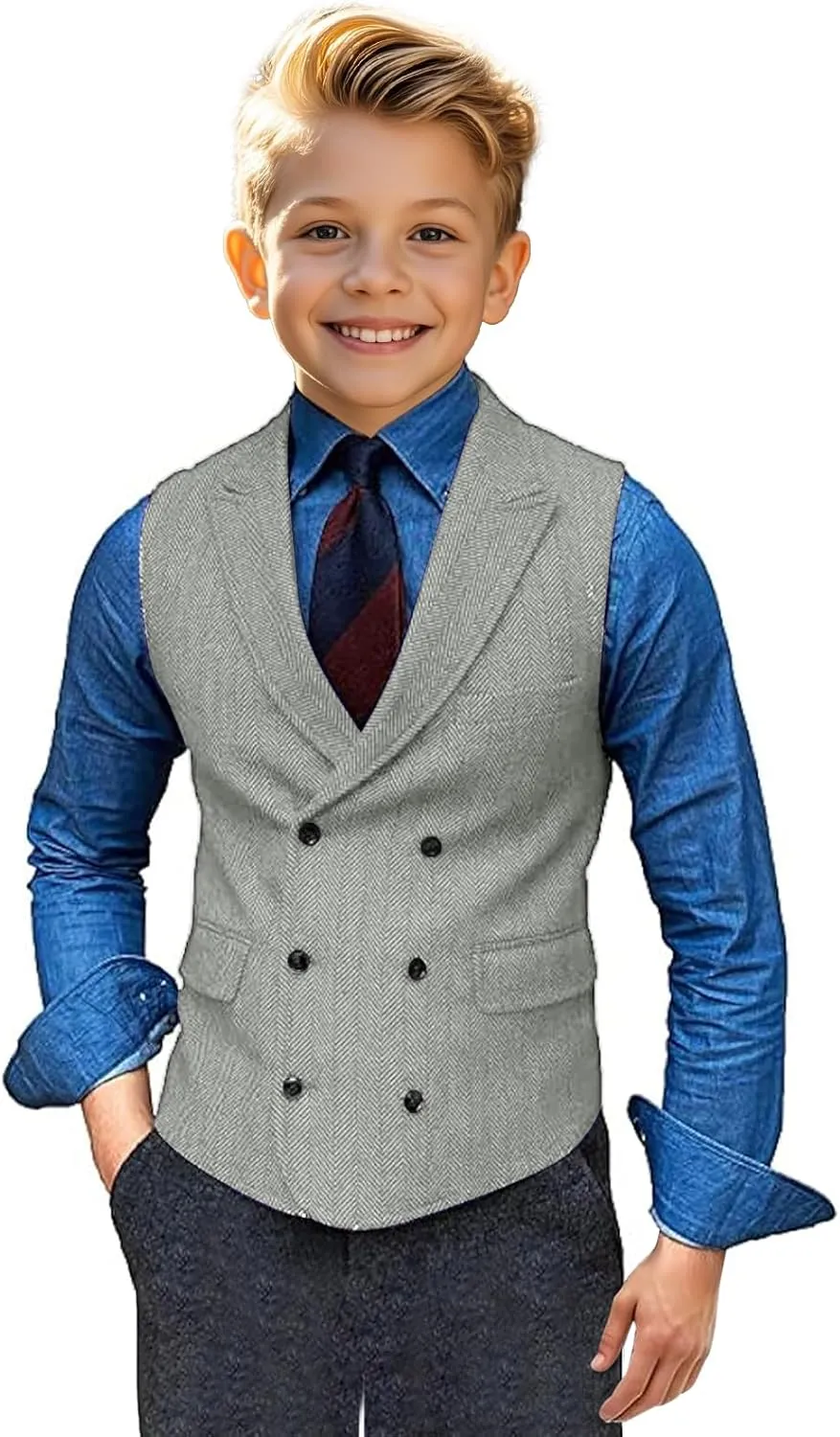 Boy's Herringbone Tweed Suit Double Breasted Slim Fit Vest Wool Blend Prom Waistcoat Wedding