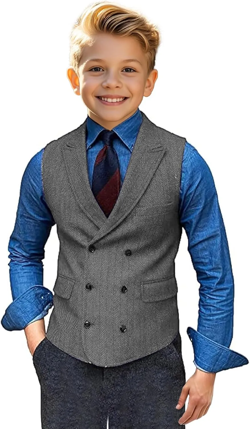 Boy's Herringbone Tweed Suit Double Breasted Slim Fit Vest Wool Blend Prom Waistcoat Wedding