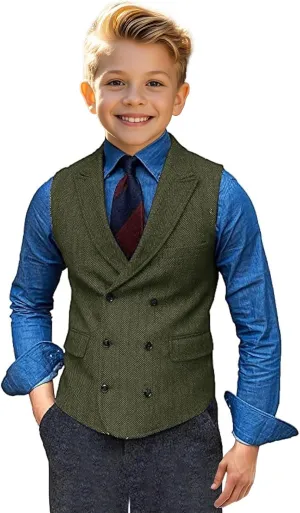 Boy's Herringbone Tweed Suit Double Breasted Slim Fit Vest Wool Blend Prom Waistcoat Wedding
