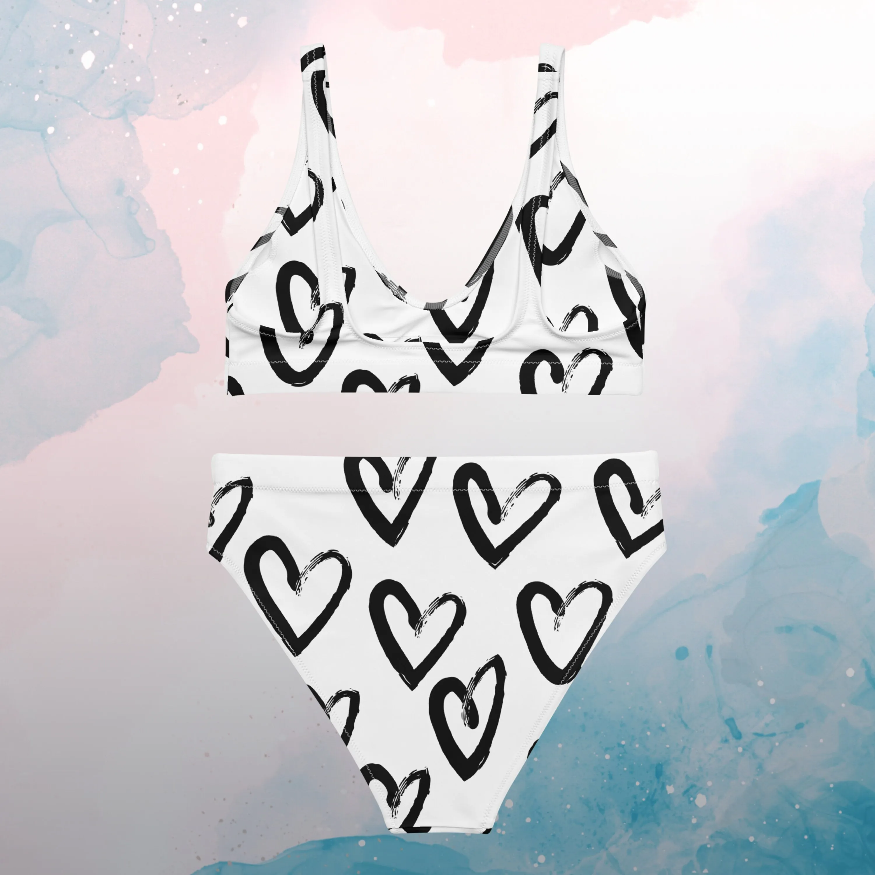 Brush Stroke Hearts Womens Recycled High Waisted Bikini Set