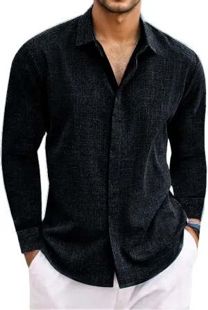 Button Down Linen Shirts for Men Casual Long Sleeve Dress Shirts Light Summer Beach Shirts Solid Stylish Vacation Tops