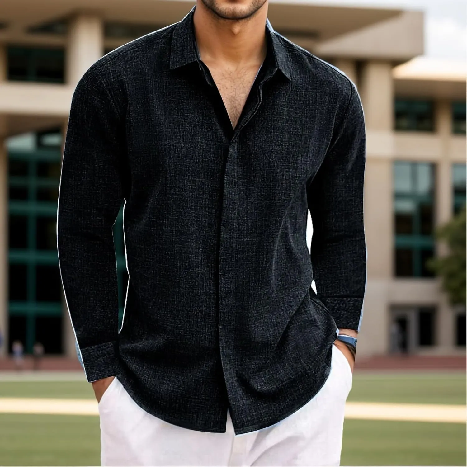 Button Down Linen Shirts for Men Casual Long Sleeve Dress Shirts Light Summer Beach Shirts Solid Stylish Vacation Tops