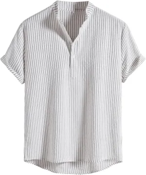 Button Up Shirt Men Linen Half Button Collar Short Sleeve Casual Shirts Solid Color Lightweight Loose Fit Top