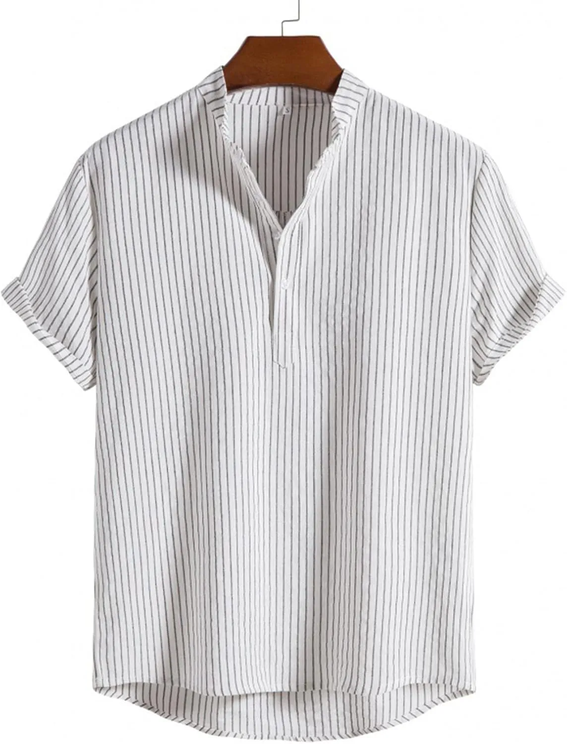 Button Up Shirt Men Linen Half Button Collar Short Sleeve Casual Shirts Solid Color Lightweight Loose Fit Top
