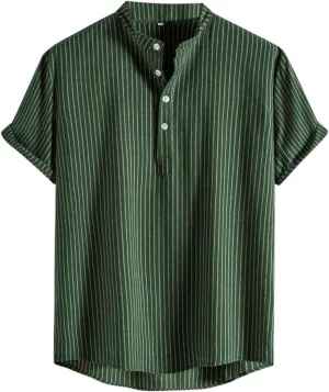 Button Up Shirt Men Linen Half Button Collar Short Sleeve Casual Shirts Solid Color Lightweight Loose Fit Top