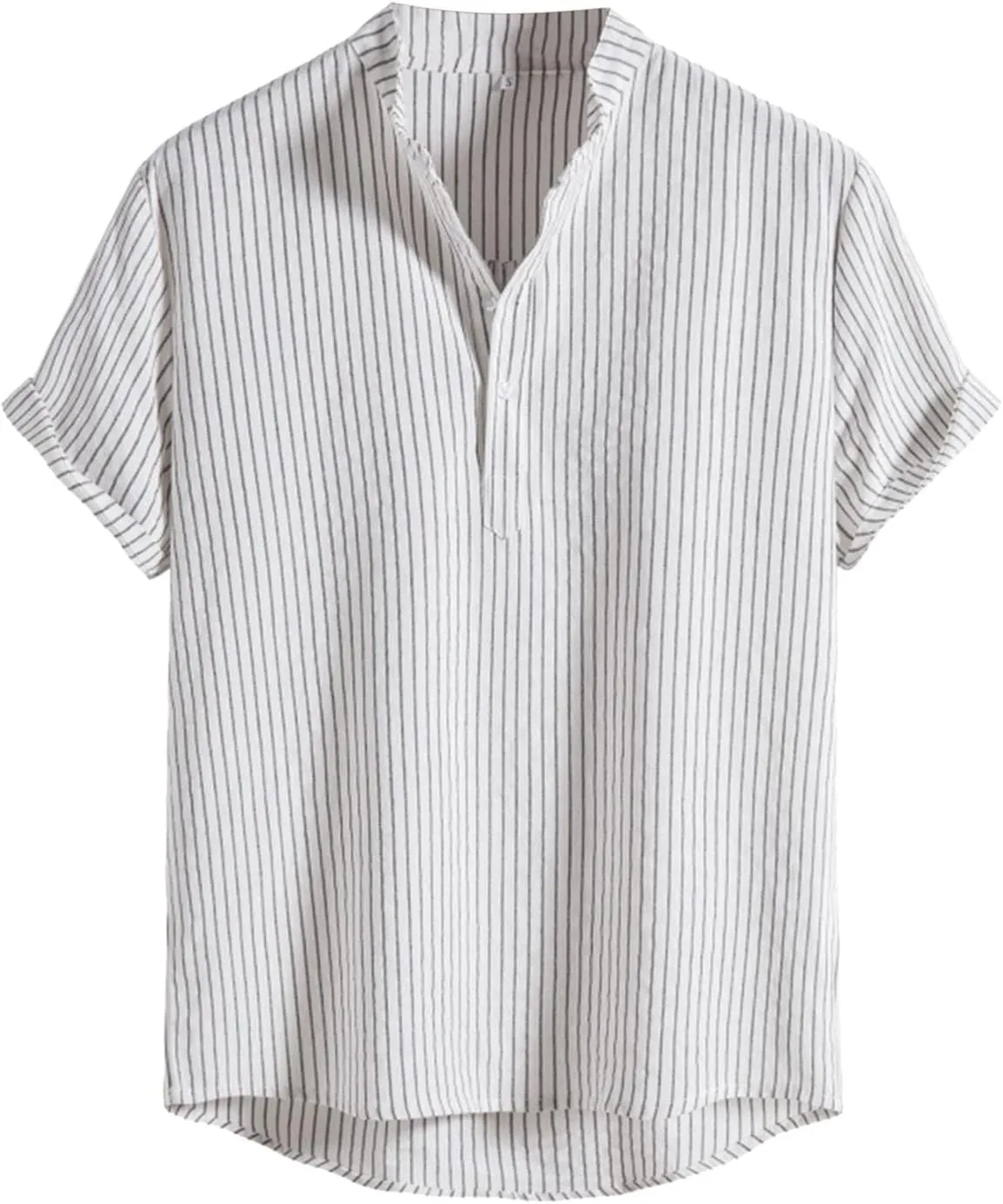 Button Up Shirt Men Linen Half Button Collar Short Sleeve Casual Shirts Solid Color Lightweight Loose Fit Top