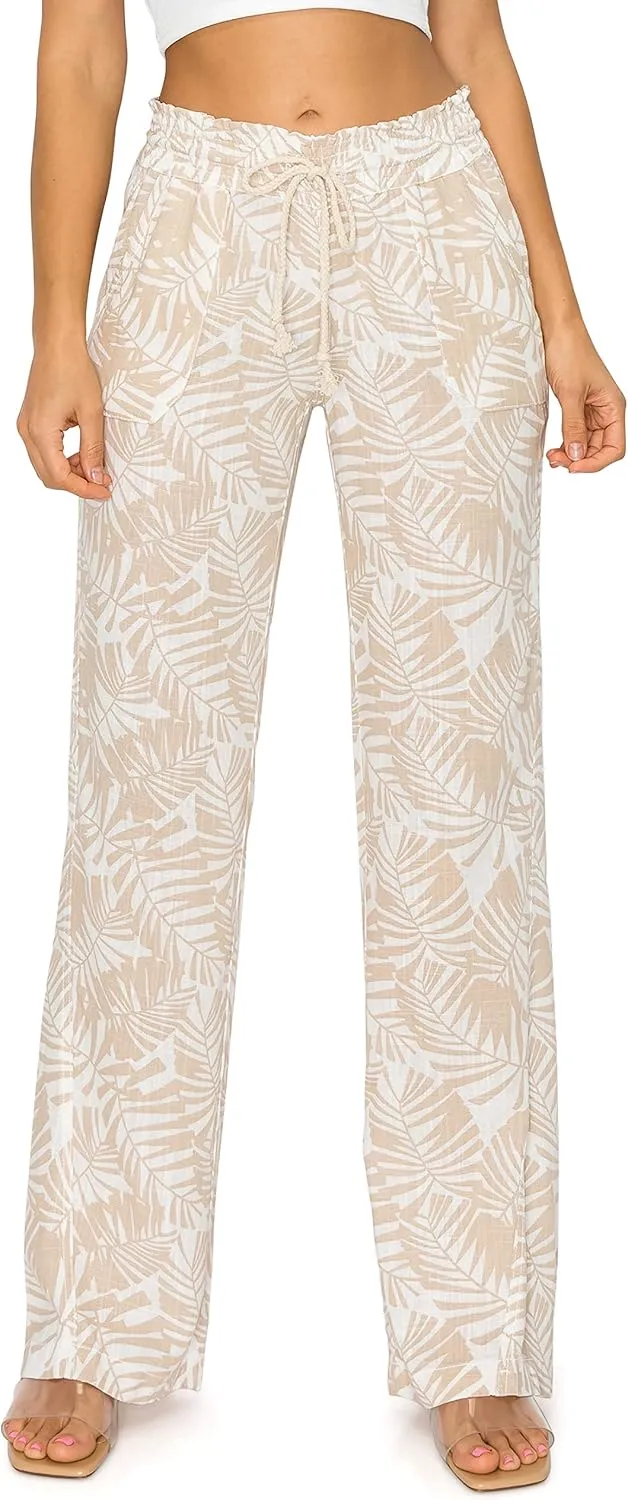 Cali1850 Women's Print Linen Pants - 32" Inseam Oceanside Drawstring Smocked Waist Casual Lounge Beach Trousers with Pockets
