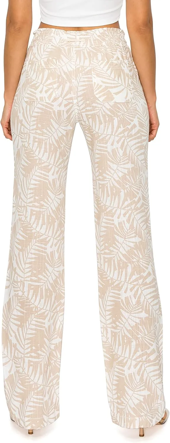 Cali1850 Women's Print Linen Pants - 32" Inseam Oceanside Drawstring Smocked Waist Casual Lounge Beach Trousers with Pockets