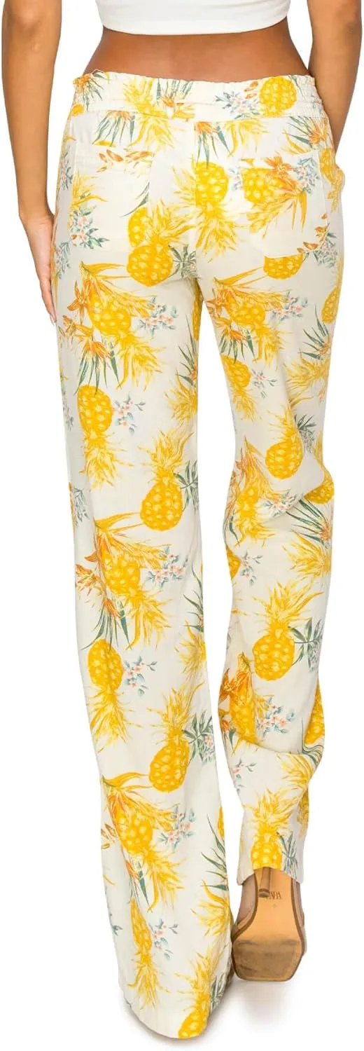 Cali1850 Women's Print Linen Pants - 32" Inseam Oceanside Drawstring Smocked Waist Casual Lounge Beach Trousers with Pockets