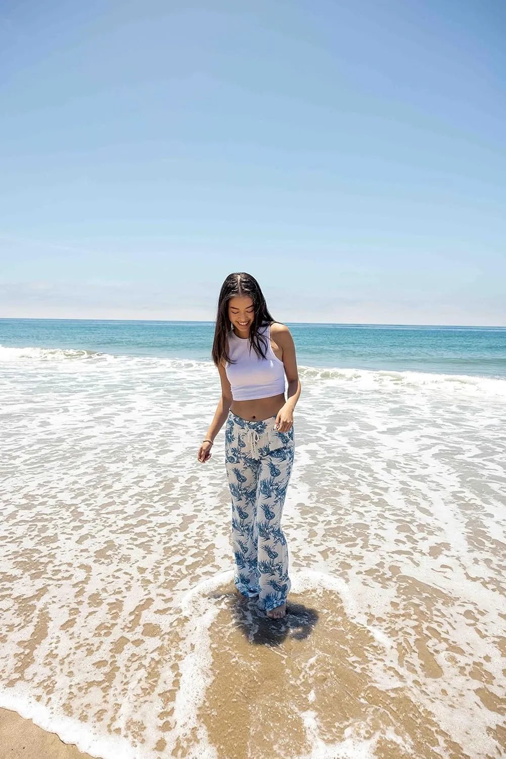 Cali1850 Women's Print Linen Pants - 32" Inseam Oceanside Drawstring Smocked Waist Casual Lounge Beach Trousers with Pockets