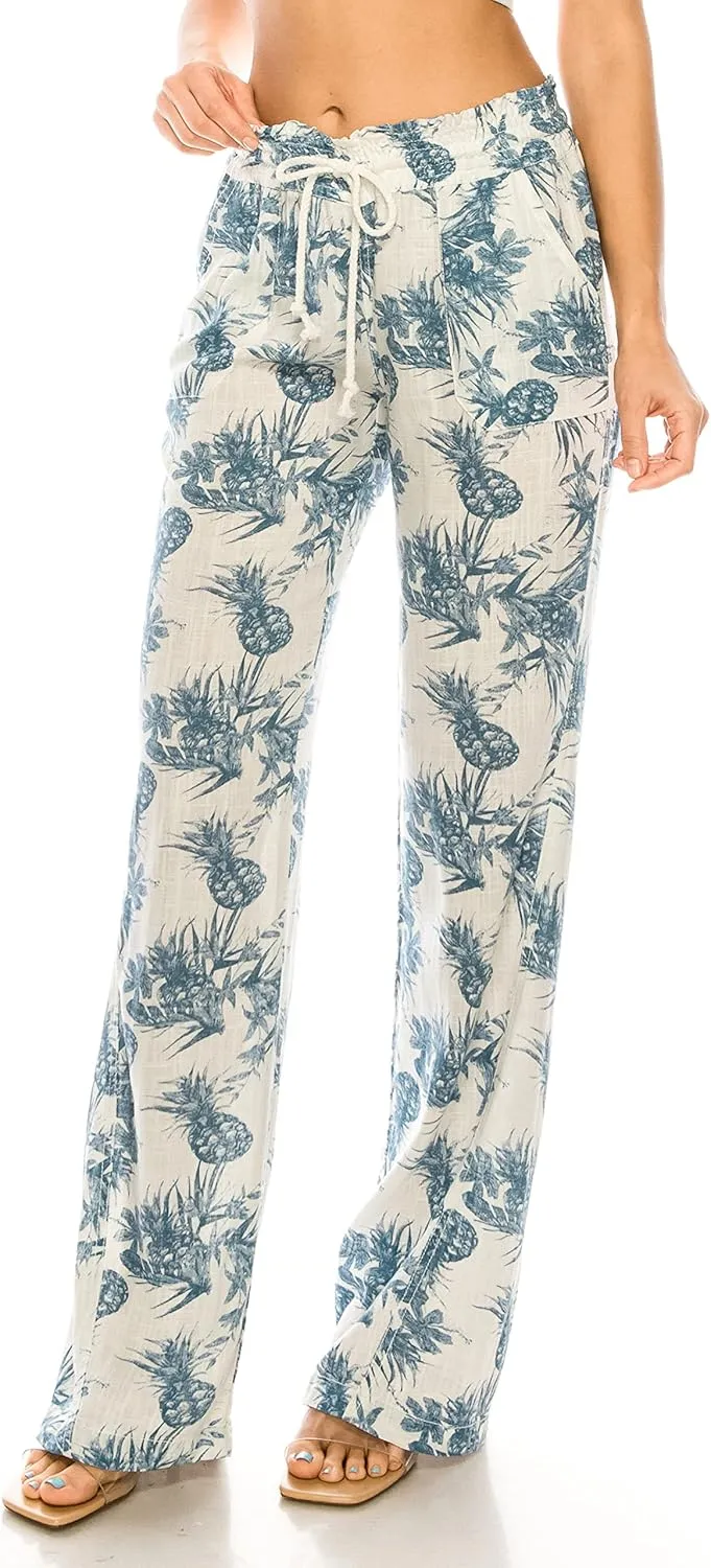 Cali1850 Women's Print Linen Pants - 32" Inseam Oceanside Drawstring Smocked Waist Casual Lounge Beach Trousers with Pockets