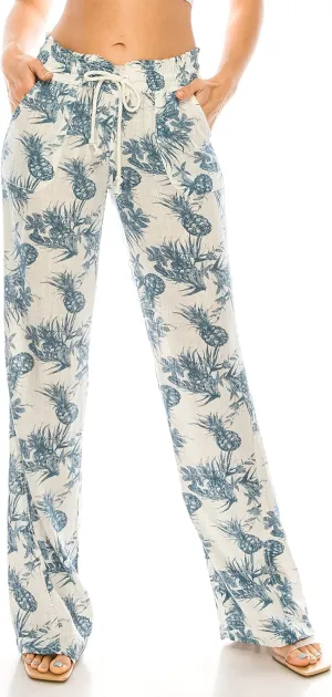 Cali1850 Women's Print Linen Pants - 32" Inseam Oceanside Drawstring Smocked Waist Casual Lounge Beach Trousers with Pockets