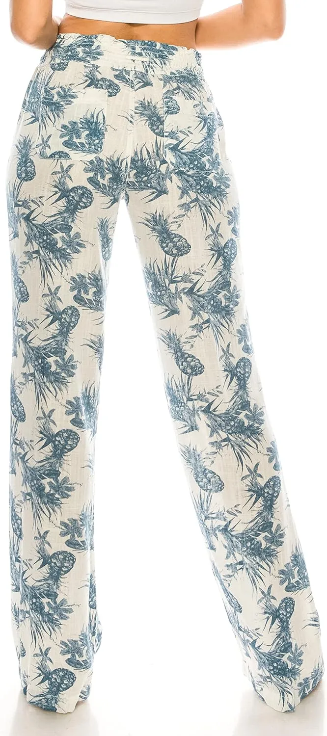 Cali1850 Women's Print Linen Pants - 32" Inseam Oceanside Drawstring Smocked Waist Casual Lounge Beach Trousers with Pockets