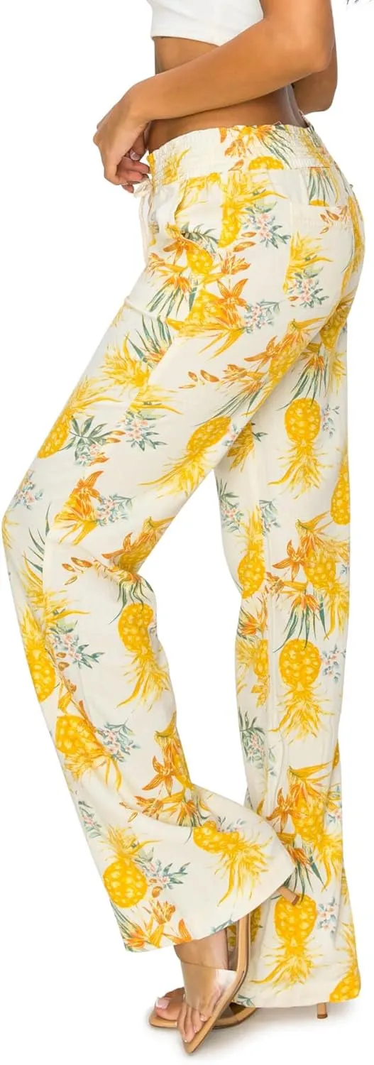 Cali1850 Women's Print Linen Pants - 32" Inseam Oceanside Drawstring Smocked Waist Casual Lounge Beach Trousers with Pockets