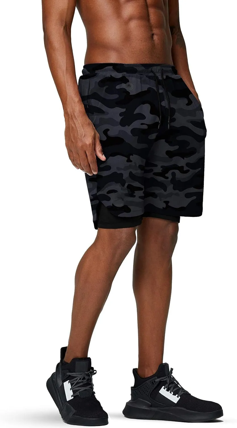 Camo Print Quick Dry Athletic Shorts With Secure Phone Pocket