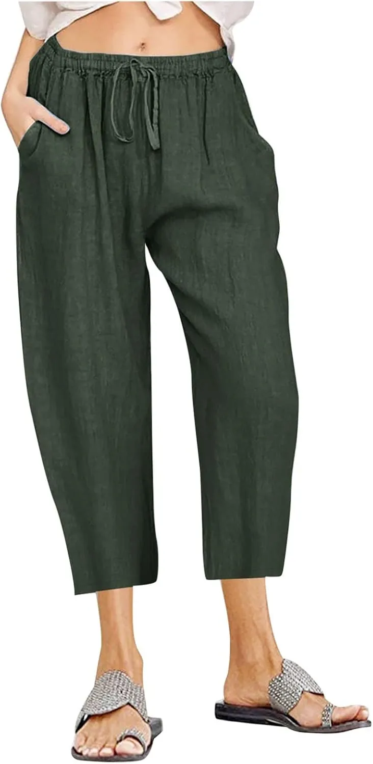 Capri Pants for Women 2025 Summer High Waisted Linen Straight Trousers Drawstring Casual Baggy Cropped Pants Pocket