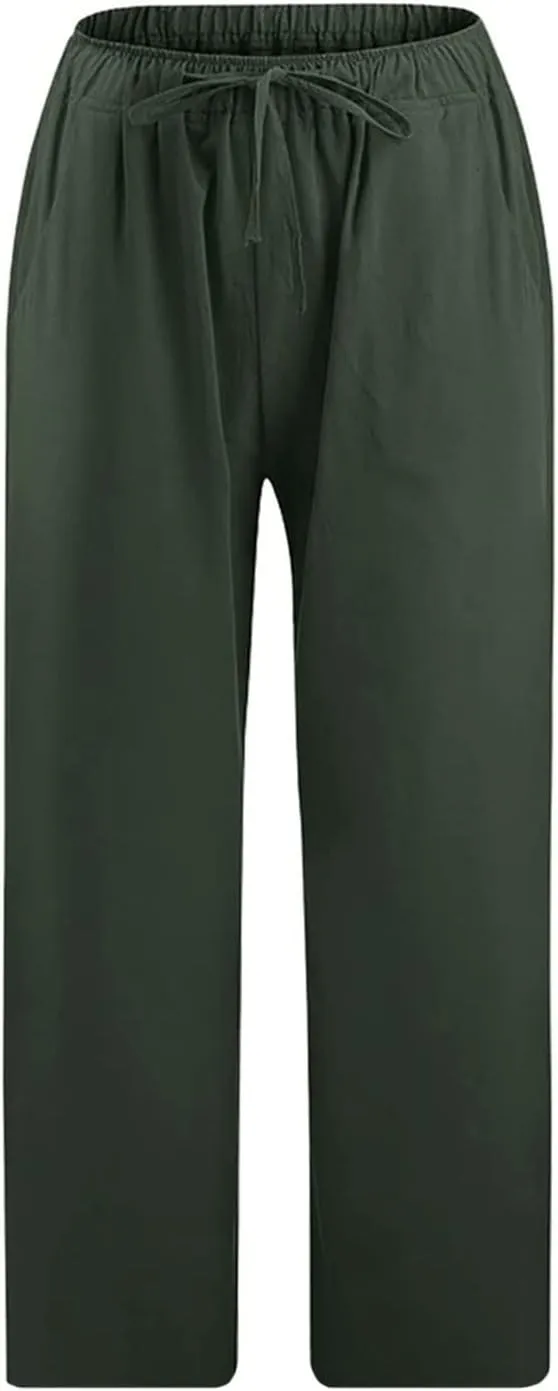 Capri Pants for Women 2025 Summer High Waisted Linen Straight Trousers Drawstring Casual Baggy Cropped Pants Pocket