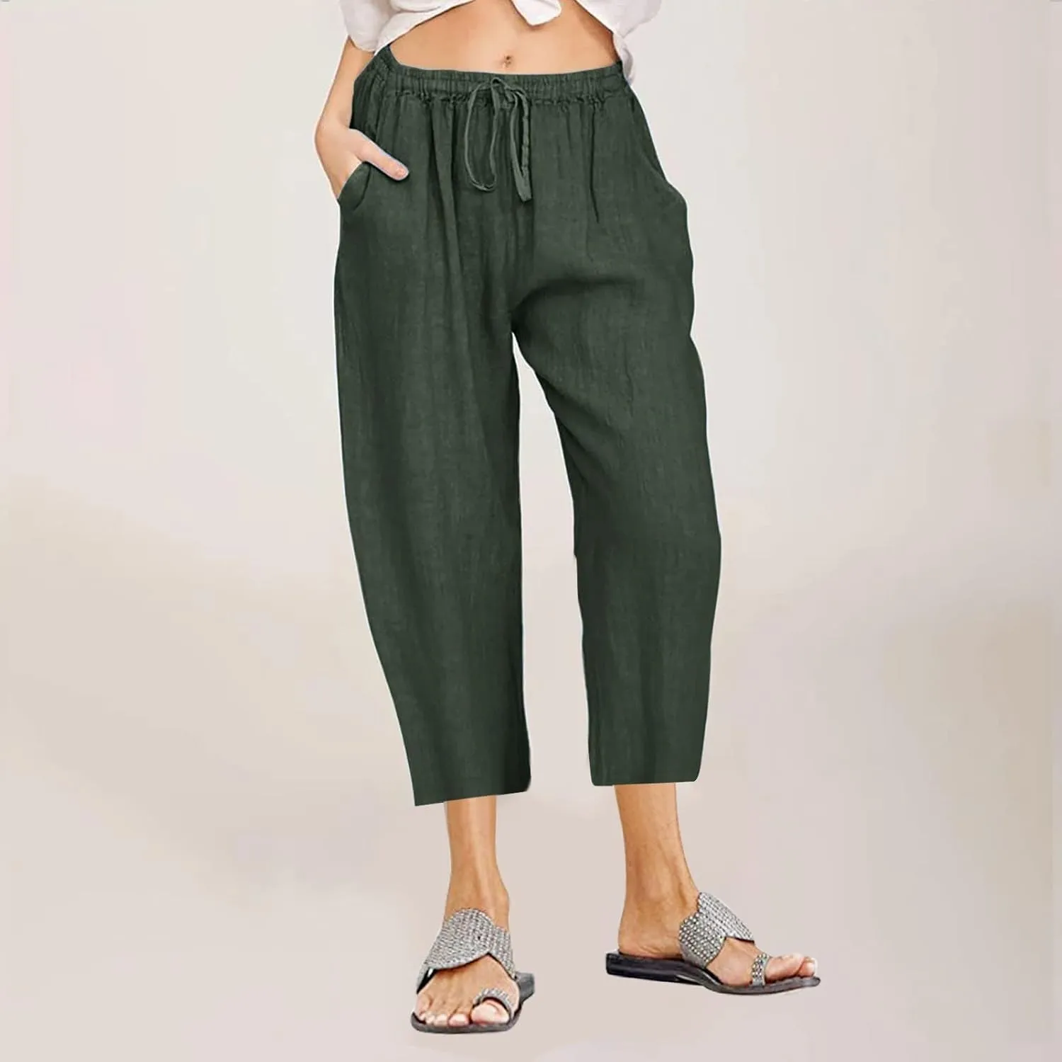 Capri Pants for Women 2025 Summer High Waisted Linen Straight Trousers Drawstring Casual Baggy Cropped Pants Pocket