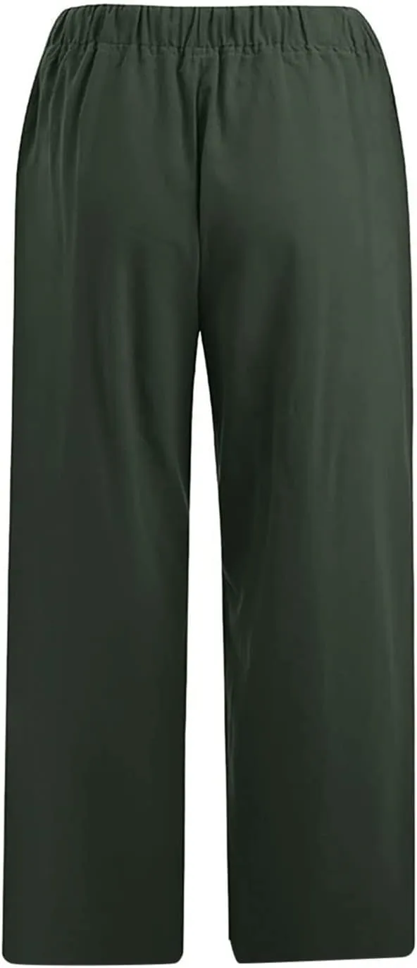 Capri Pants for Women 2025 Summer High Waisted Linen Straight Trousers Drawstring Casual Baggy Cropped Pants Pocket