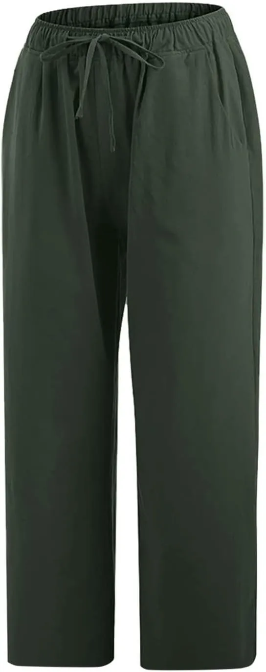 Capri Pants for Women 2025 Summer High Waisted Linen Straight Trousers Drawstring Casual Baggy Cropped Pants Pocket