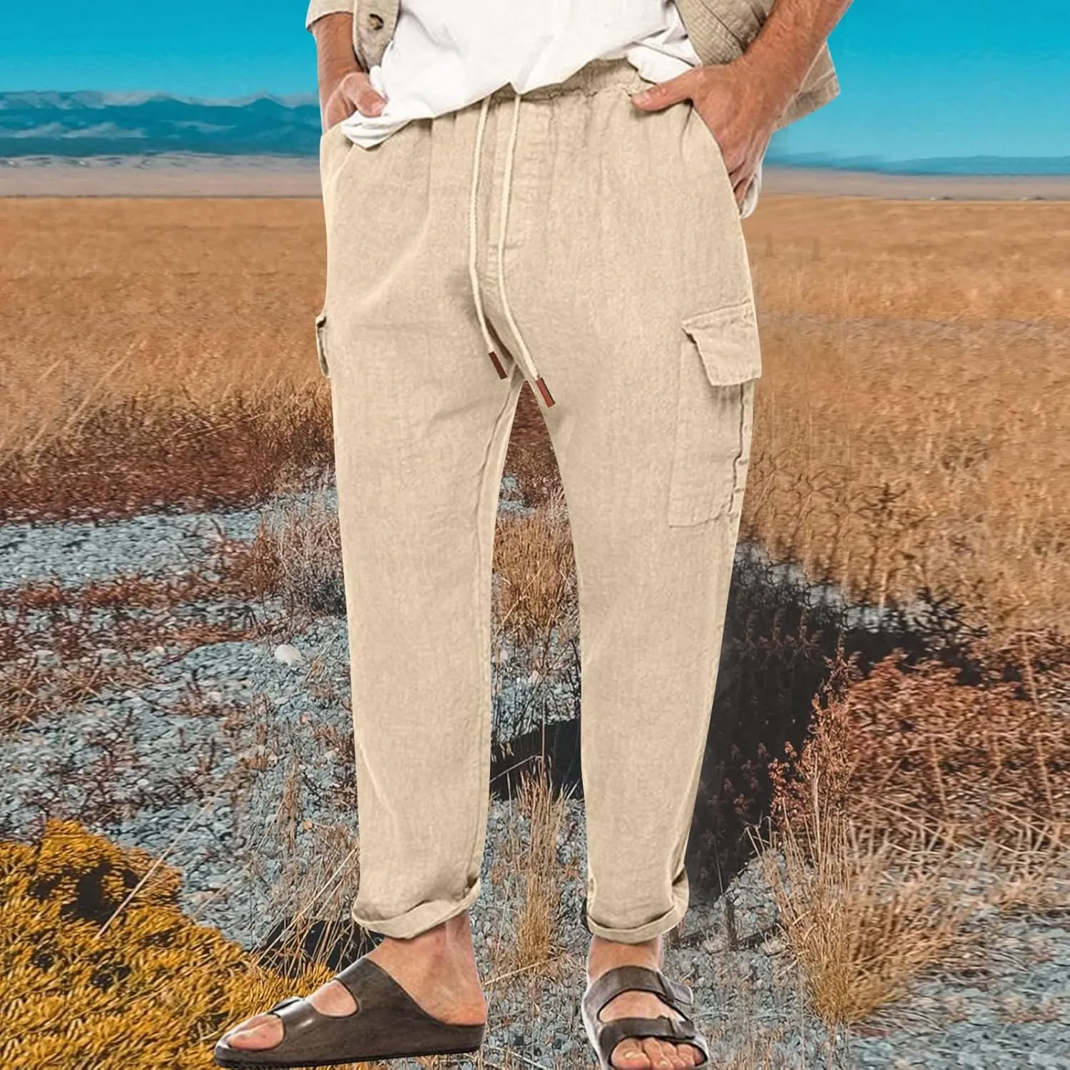 Cargo Pants for Men Slim fit Elastic Waist Tapered Pants Casual Drawstring Ankle Pants Comfy Trendy Summer Trousers