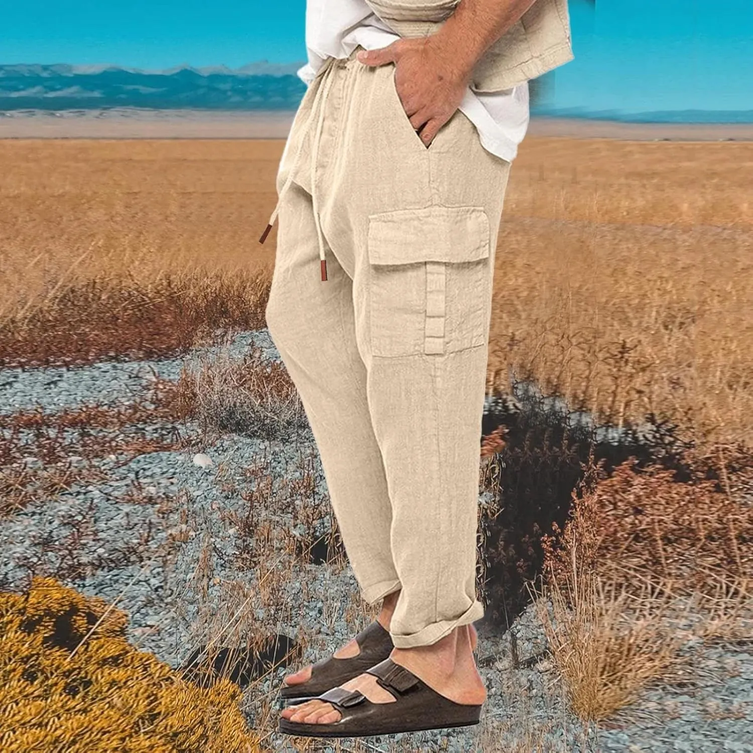 Cargo Pants for Men Slim fit Elastic Waist Tapered Pants Casual Drawstring Ankle Pants Comfy Trendy Summer Trousers