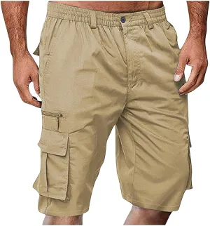 Cargo Shorts for Men Casual Fashion Solid Color Short with Multi-Pocket Button Zipper Elastic Waist Hiking Pants