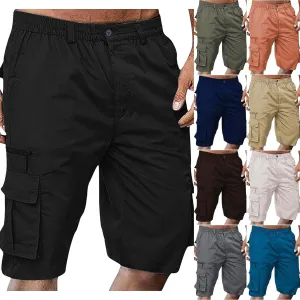Cargo Shorts for Men Casual Fashion Solid Color Short with Multi-Pocket Button Zipper Elastic Waist Hiking Pants