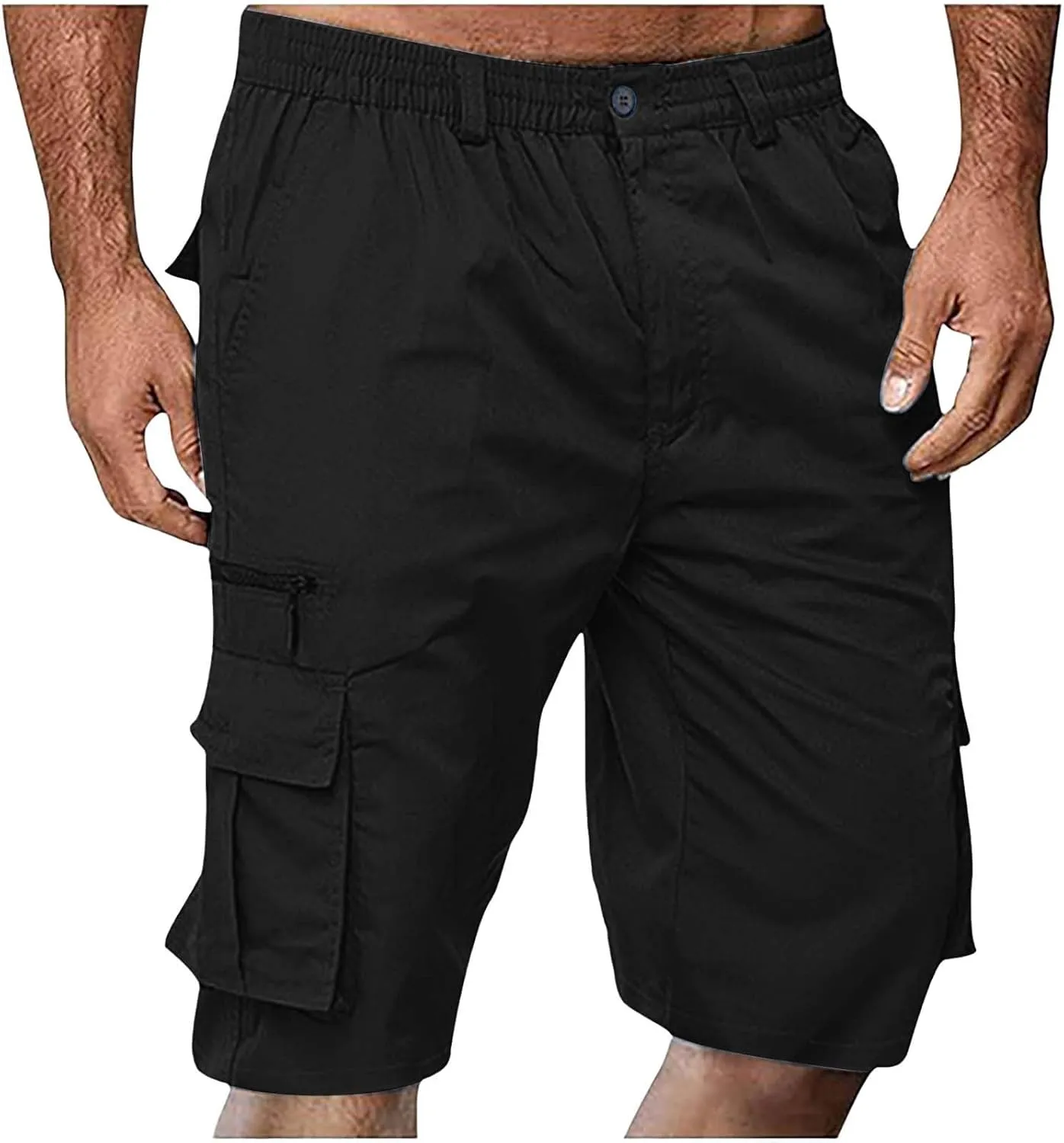 Cargo Shorts for Men Casual Fashion Solid Color Short with Multi-Pocket Button Zipper Elastic Waist Hiking Pants