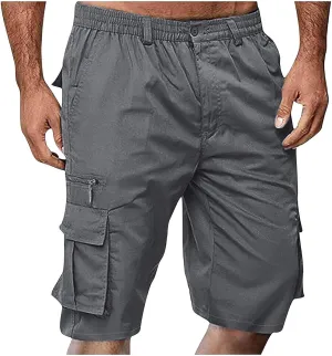 Cargo Shorts for Men Casual Fashion Solid Color Short with Multi-Pocket Button Zipper Elastic Waist Hiking Pants