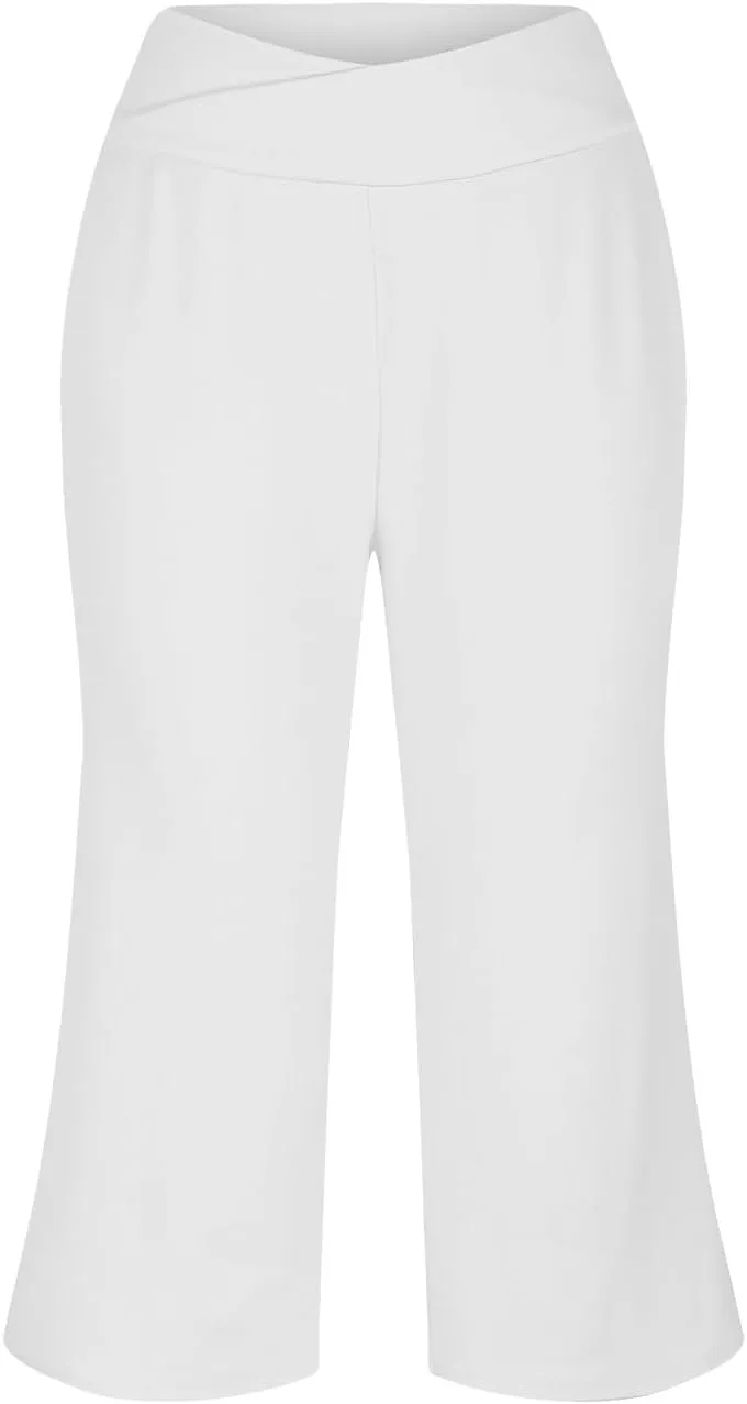 Casual Pants for Women Plus Size Wide Leg Capri Pants with Pockets Tummy Control Yoga Capris Loose Fit Cropped Pants