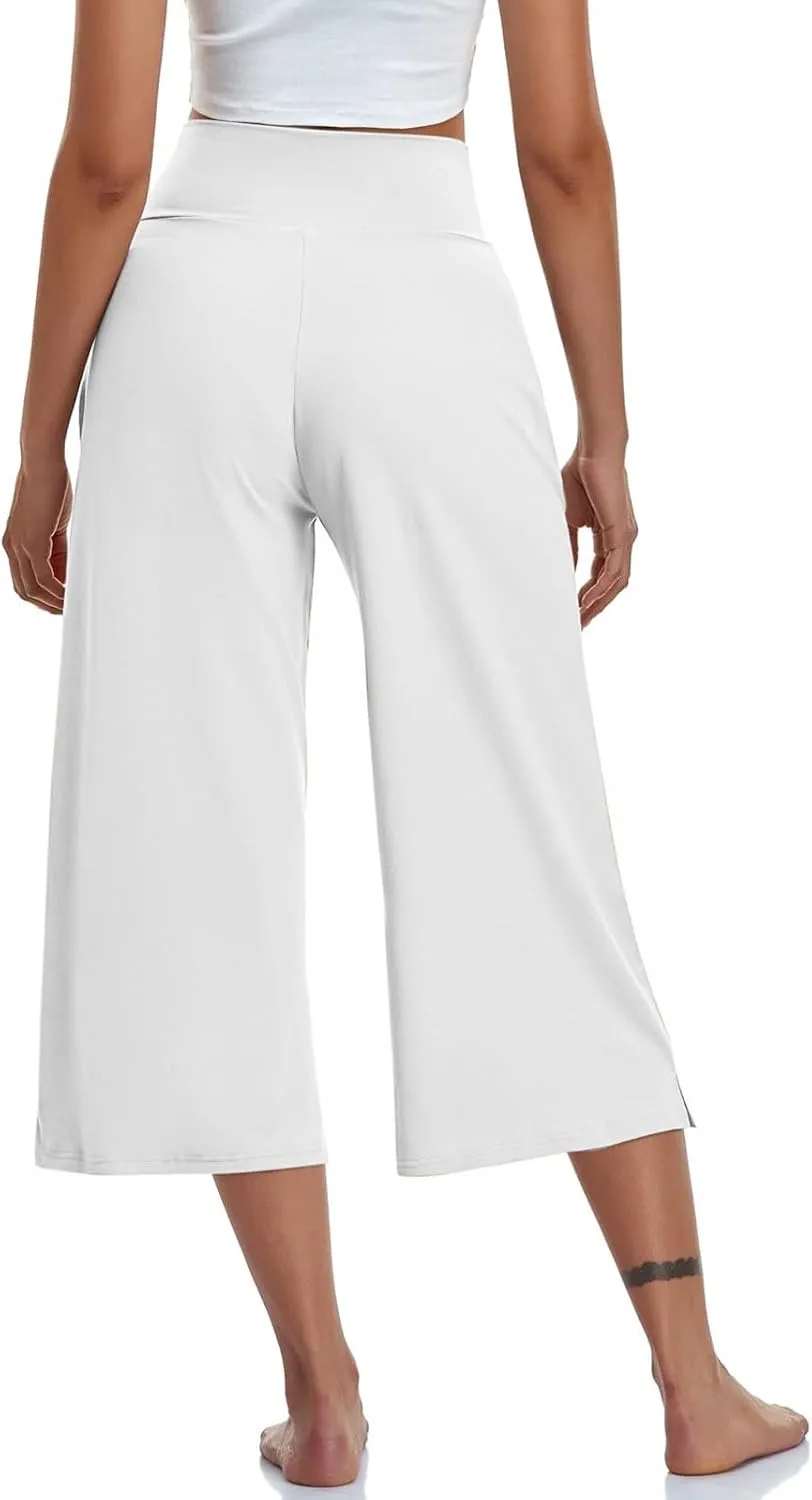 Casual Pants for Women Plus Size Wide Leg Capri Pants with Pockets Tummy Control Yoga Capris Loose Fit Cropped Pants