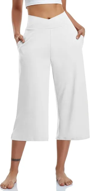 Casual Pants for Women Plus Size Wide Leg Capri Pants with Pockets Tummy Control Yoga Capris Loose Fit Cropped Pants