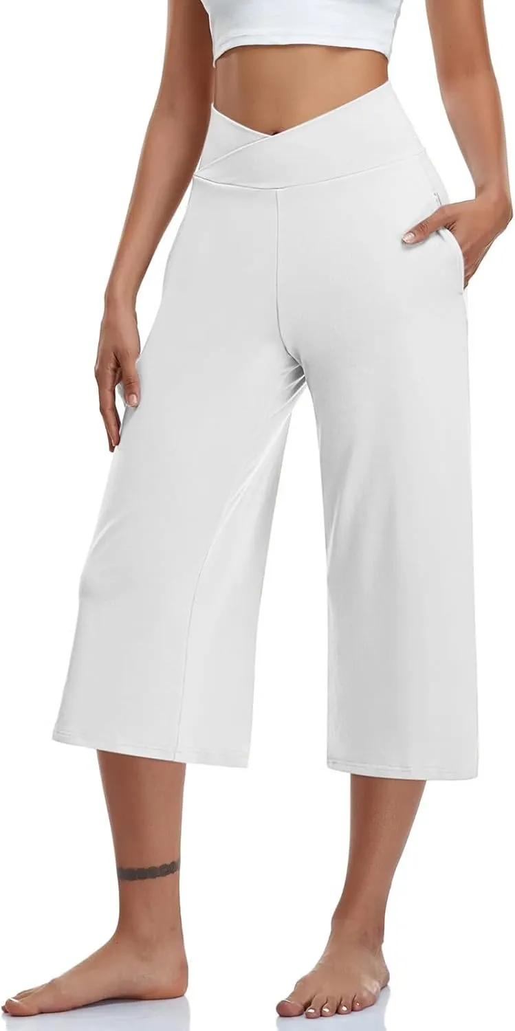 Casual Pants for Women Plus Size Wide Leg Capri Pants with Pockets Tummy Control Yoga Capris Loose Fit Cropped Pants