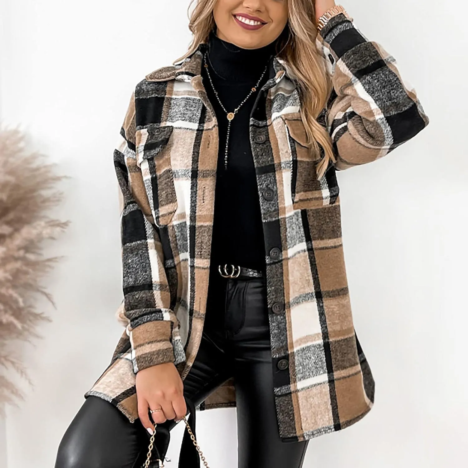 Ceboyel Women Plaid Flannel Shacket Coat Trendy 2023 Casual Jackets Long Sleeve Shirt Flannel Fall Winter Outfits Clothing