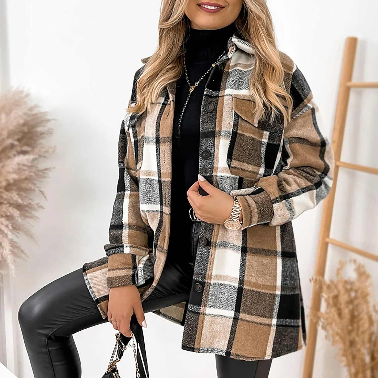 Ceboyel Women Plaid Flannel Shacket Coat Trendy 2023 Casual Jackets Long Sleeve Shirt Flannel Fall Winter Outfits Clothing