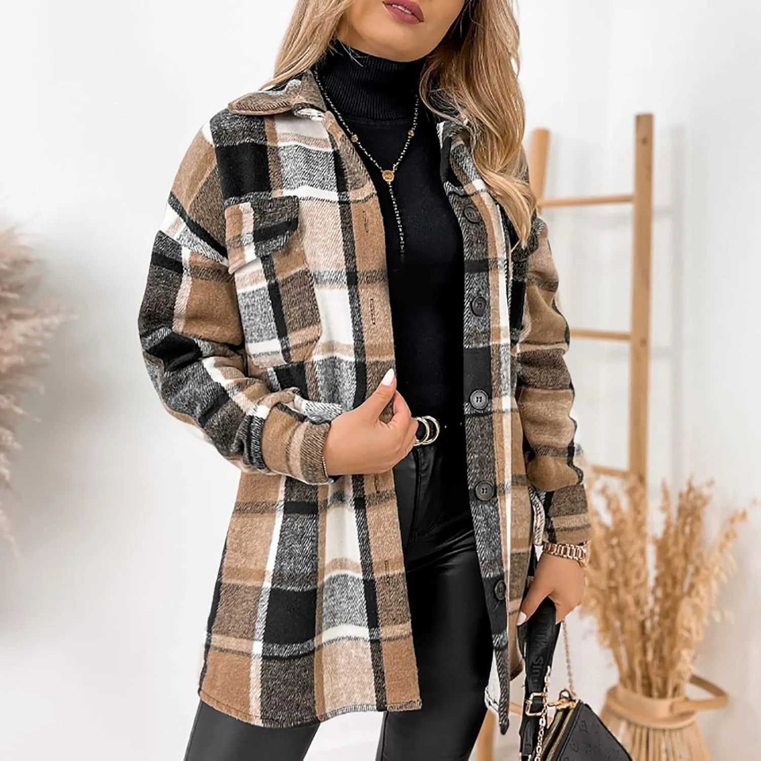 Ceboyel Women Plaid Flannel Shacket Coat Trendy 2023 Casual Jackets Long Sleeve Shirt Flannel Fall Winter Outfits Clothing