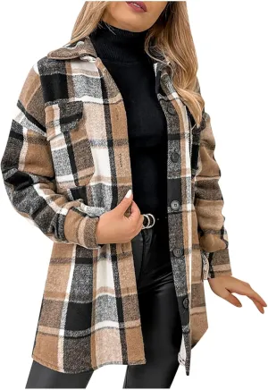 Ceboyel Women Plaid Flannel Shacket Coat Trendy 2023 Casual Jackets Long Sleeve Shirt Flannel Fall Winter Outfits Clothing