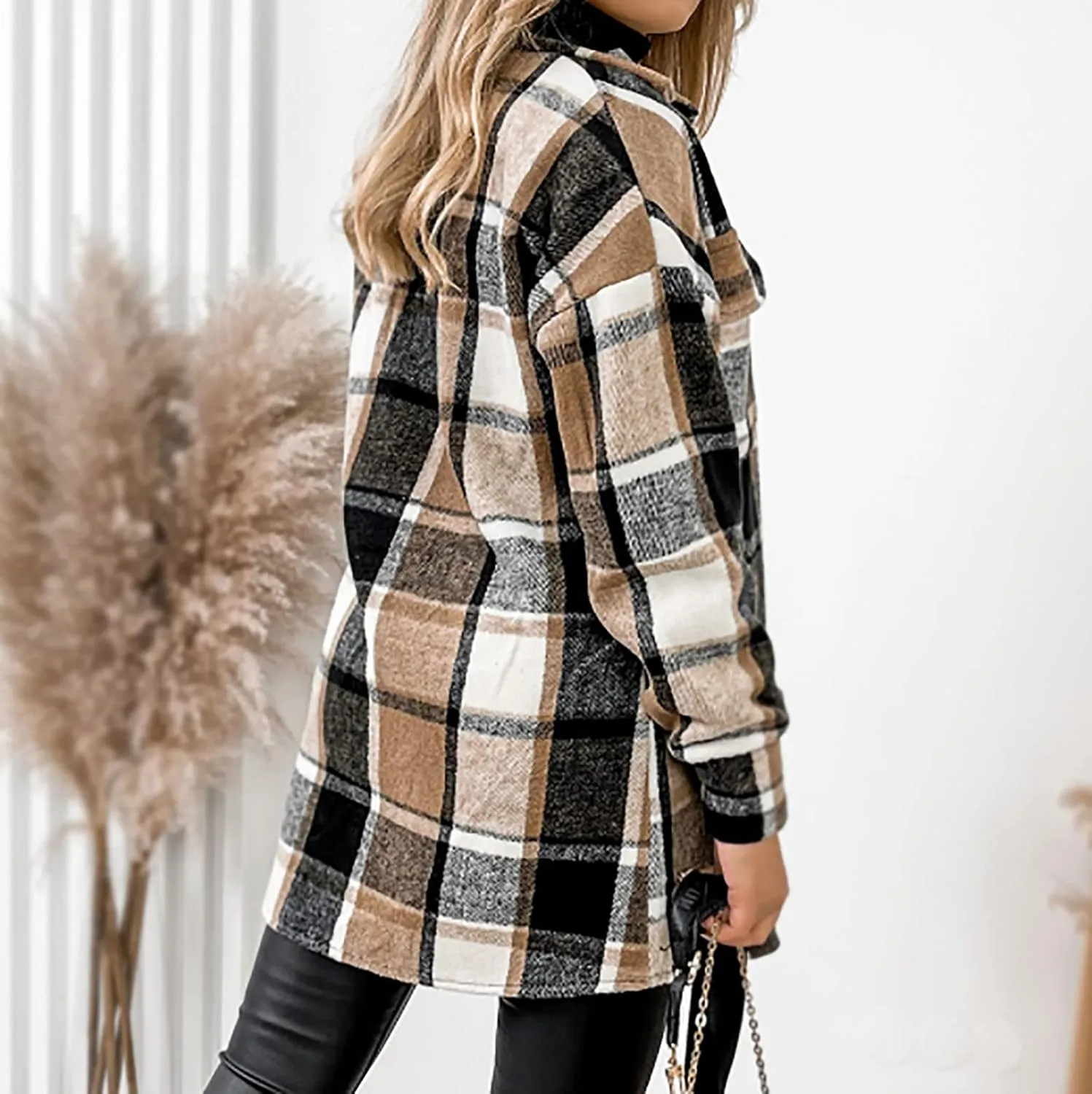 Ceboyel Women Plaid Flannel Shacket Coat Trendy 2023 Casual Jackets Long Sleeve Shirt Flannel Fall Winter Outfits Clothing