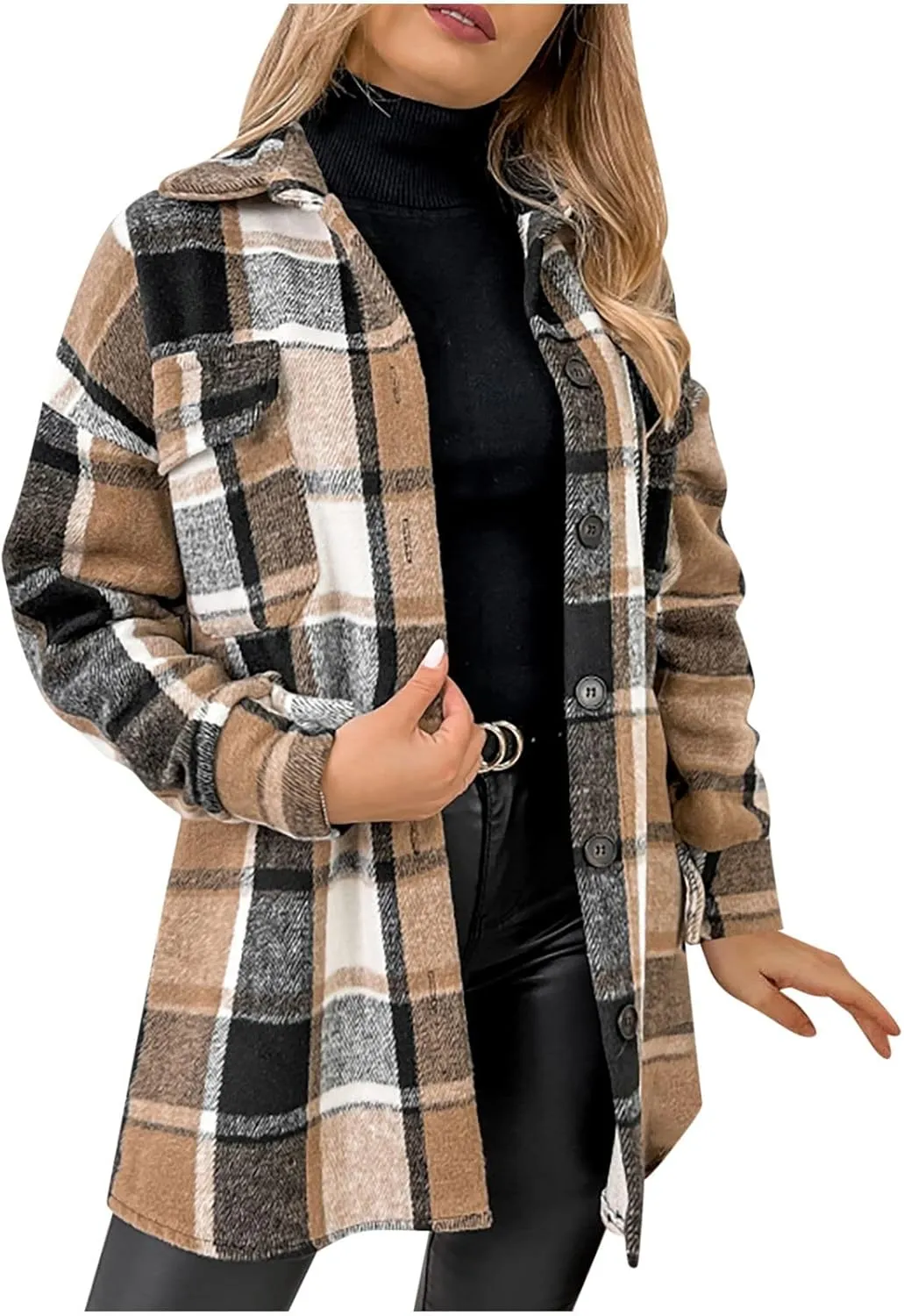 Ceboyel Women Plaid Flannel Shacket Coat Trendy 2023 Casual Jackets Long Sleeve Shirt Flannel Fall Winter Outfits Clothing