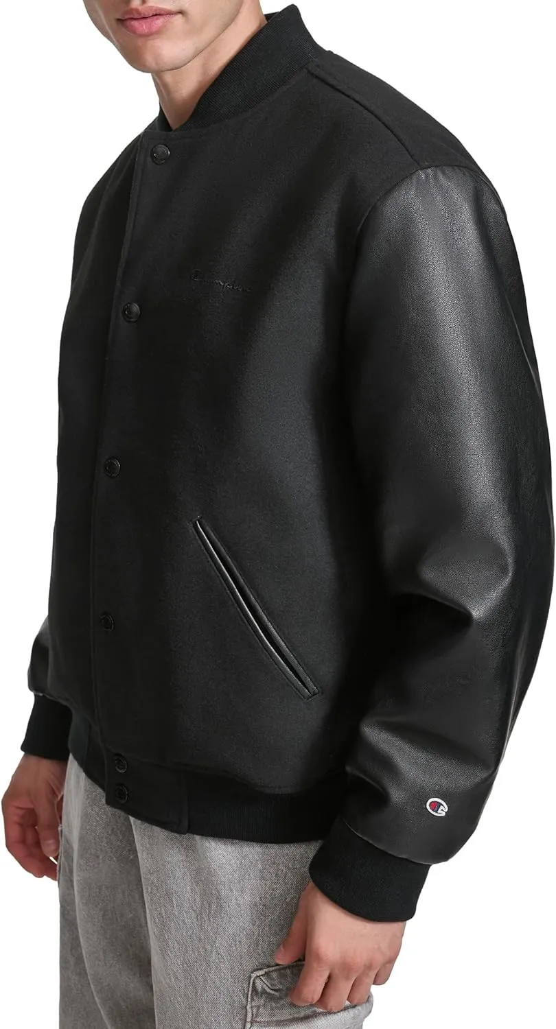 Champion Men's Letterman Varsity Bomber Jacket with Faux Leather Sleeves
