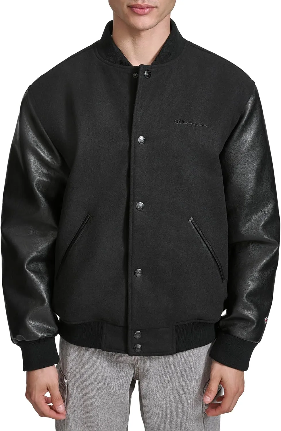 Champion Men's Letterman Varsity Bomber Jacket with Faux Leather Sleeves