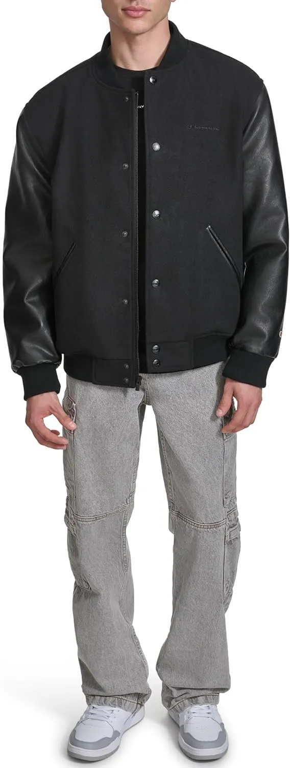 Champion Men's Letterman Varsity Bomber Jacket with Faux Leather Sleeves