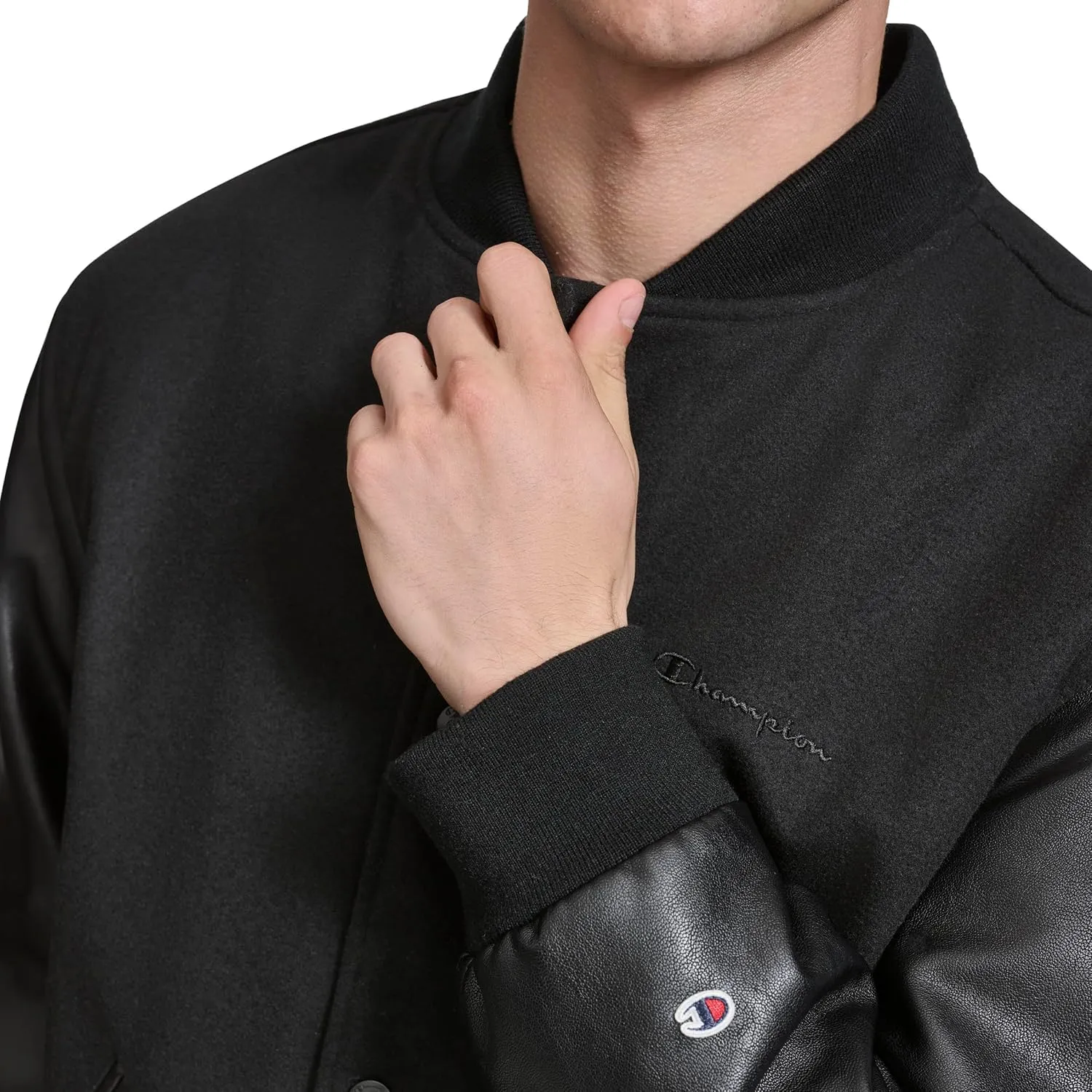 Champion Men's Letterman Varsity Bomber Jacket with Faux Leather Sleeves