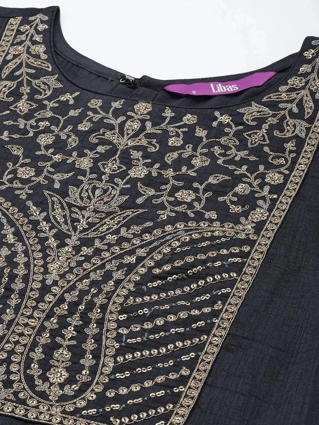 Charcoal Yoke Design Silk Blend Straight Sharara Suit Set With Dupatta